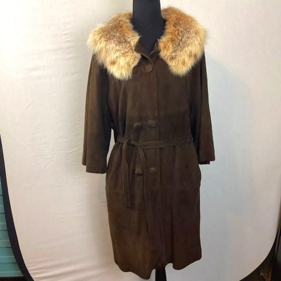 Vintage Brown Suede and Rabbit Fur Collar Lined Belted Women's Swing Coat Large